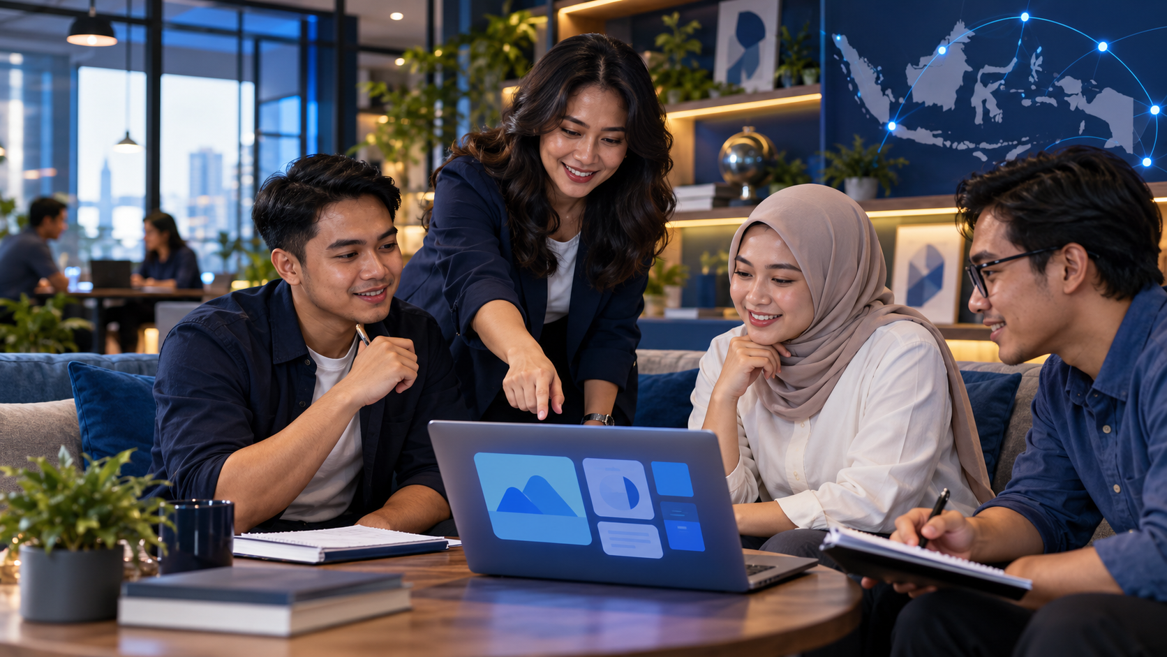 Ilustrasi mentor mendampingi tim belajar melalui laptop