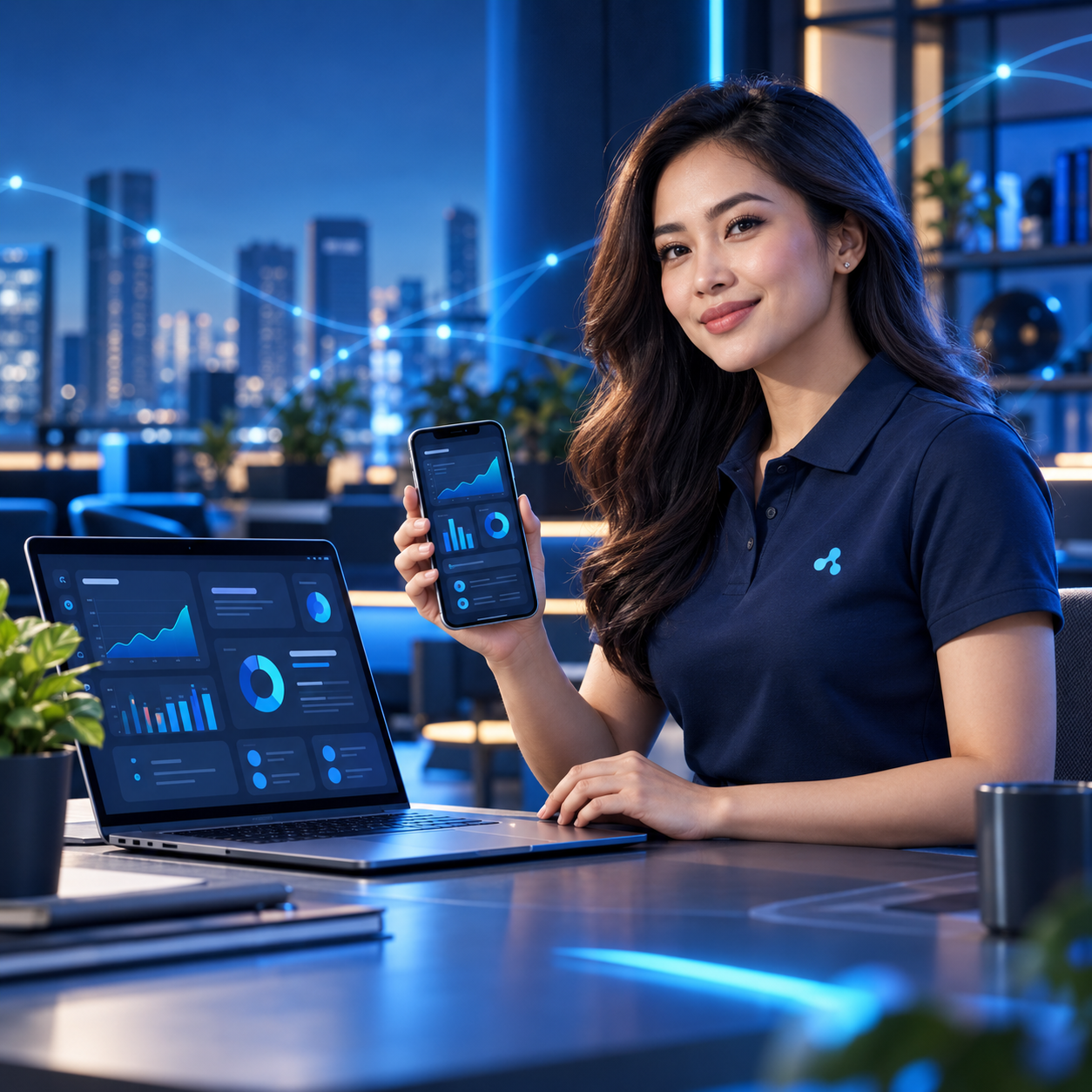 Ilustrasi profesional menggunakan dashboard Smart Network Pro di laptop dan ponsel
