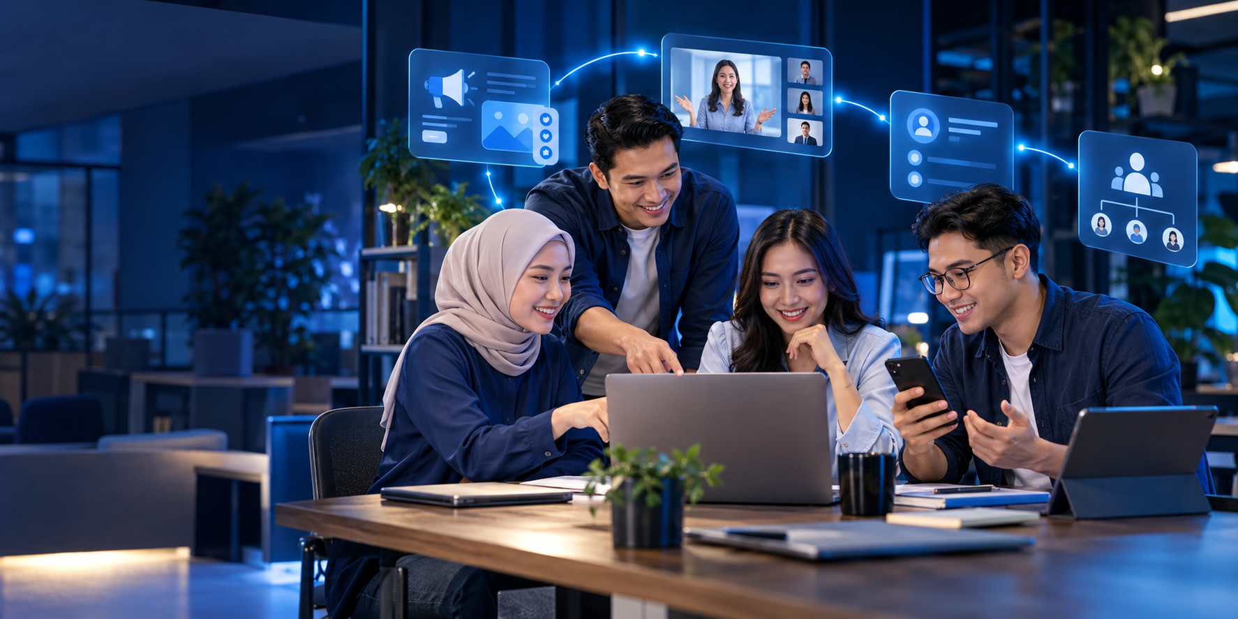 Ilustrasi tim Indonesia berkolaborasi menggunakan ponsel dan laptop